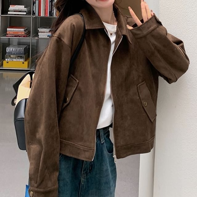 Tzarkozy-Collared Zip-Up Plain Faux Suede Crop Jacket