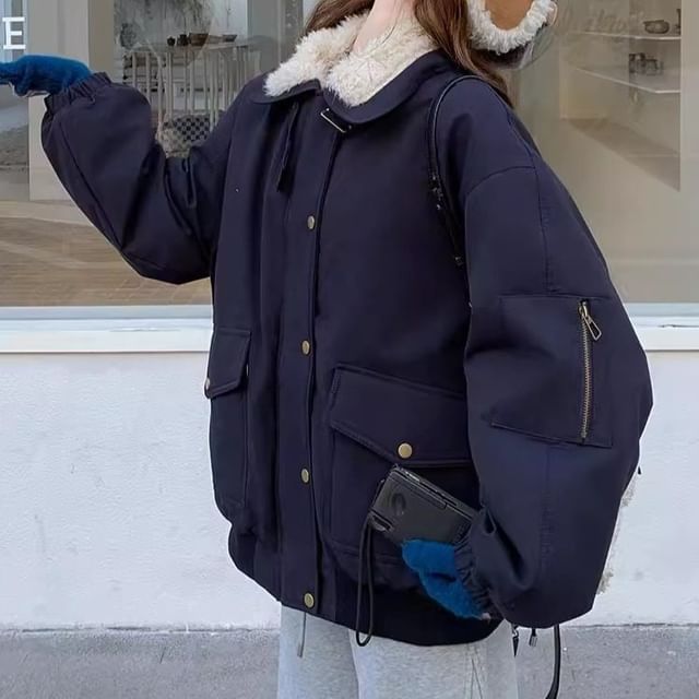Tzarkozy-Contrast Fluffy Collar Zip-Up Down Jacket