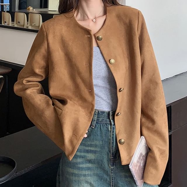 Tzarkozy-Crew Neck Button-Up Plain Faux Suede Jacket