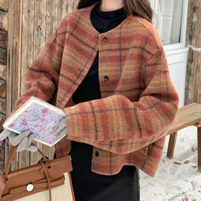 Tzarkozy-Crew Neck Plaid Button-Up Jacket