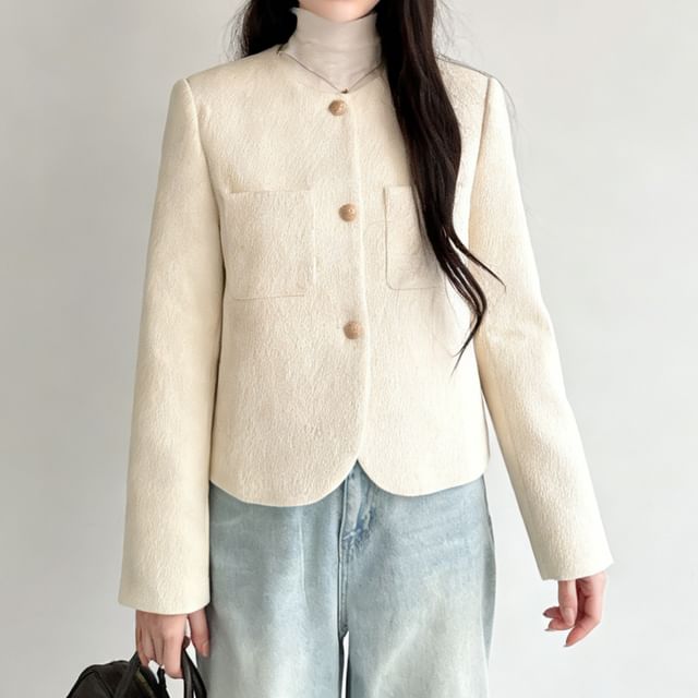 Tzarkozy-Crew Neck Plain Pocket Front Single-Breasted Jacket