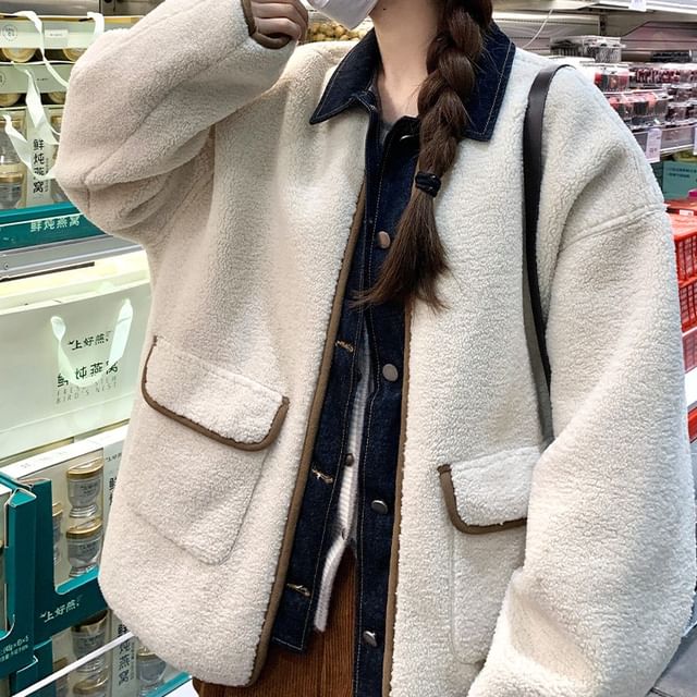 Tzarkozy-Denim Collared Button Up Fleece Jacket