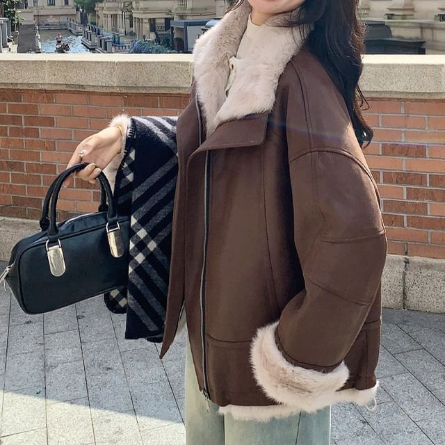 Tzarkozy-Drop-Shoulder Plain Fluffy Trim Zip Jacket
