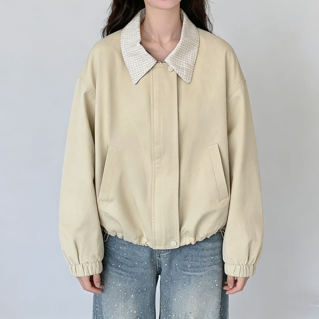 Tzarkozy-Drop-Shoulder Plain Plaid Panel Zip Barn Jacket