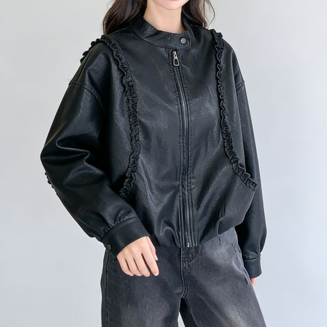Tzarkozy-Drop-Shoulder Plain Ruffle Faux Leather Zip Jacket