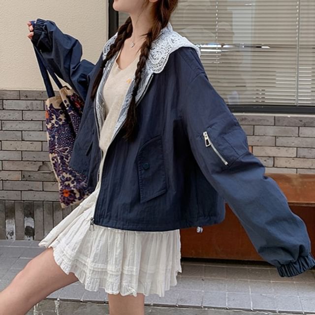 Tzarkozy-Eyelet Lace Hooded Zip Bomber Jacket