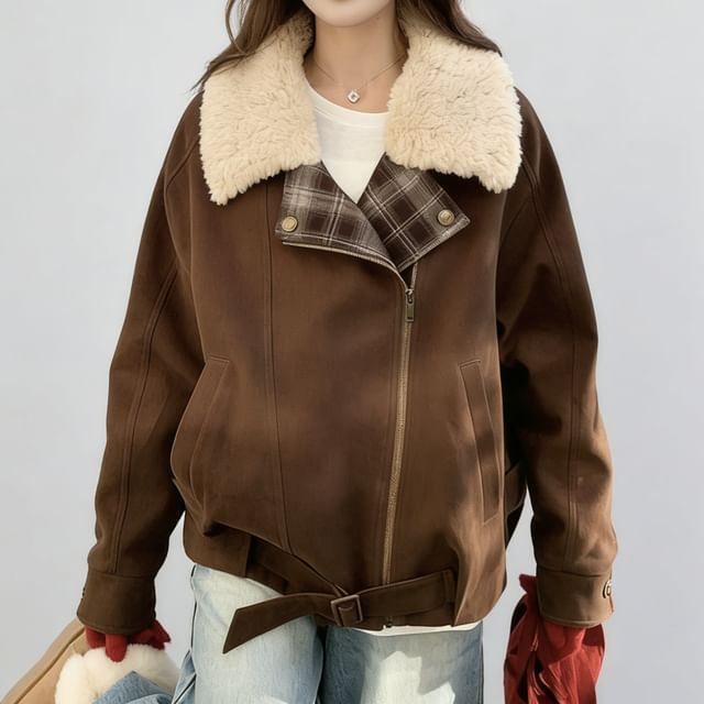 Tzarkozy-Fleece Collar Plaid Panel Zip Puffer Jacket