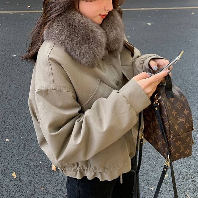 Tzarkozy-Fluffy Collar Plain Button Up Zip Jacket