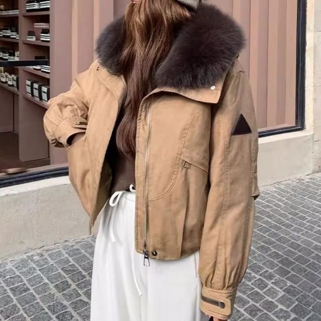 Tzarkozy-Fluffy Collar Zip-Up Crop Down Jacket
