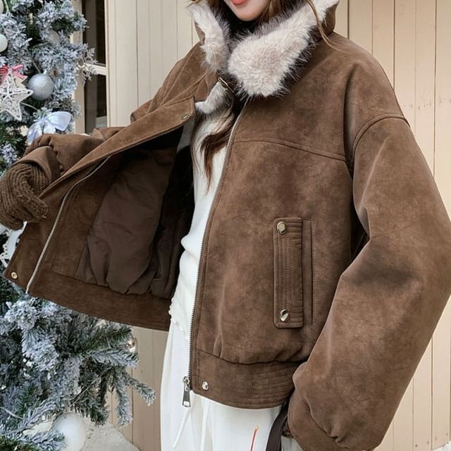 Tzarkozy-Fluffy Collar Zip-Up Faux Suede Padded Jacket