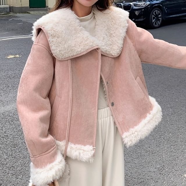 Tzarkozy-Fluffy Collared Plain Faux Suede Zip Jacket