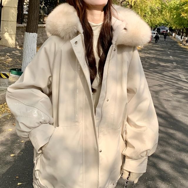 Tzarkozy-Fluffy Hooded Plain Zip Coat