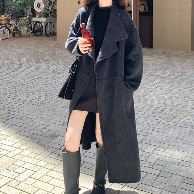 Tzarkozy-Lapel Collar Plain Double Breasted Long Coat