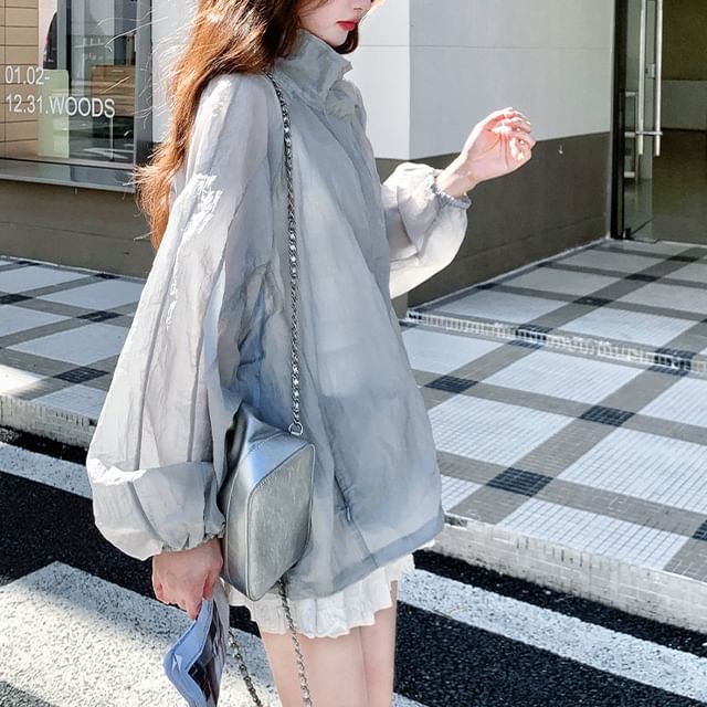 Tzarkozy-Long-Sleeve Mock Neck Plain Sheer Top