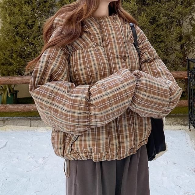 Tzarkozy-Plaid Single-Breasted Puffer Jacket