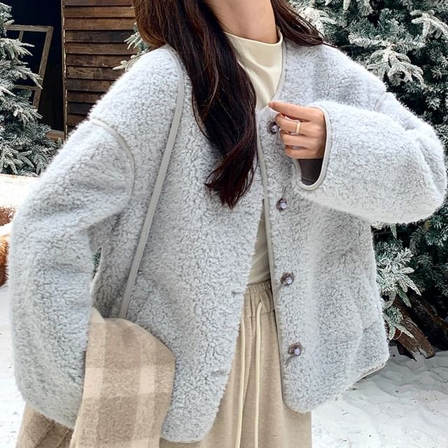 Tzarkozy-Plain Faux Shearling Single-Breasted Jacket