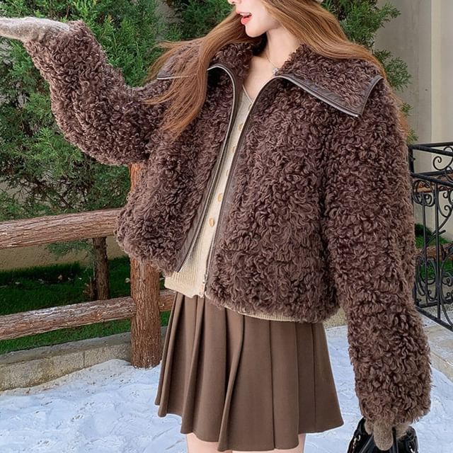 Tzarkozy-Plain Faux Shearling Zip Jacket