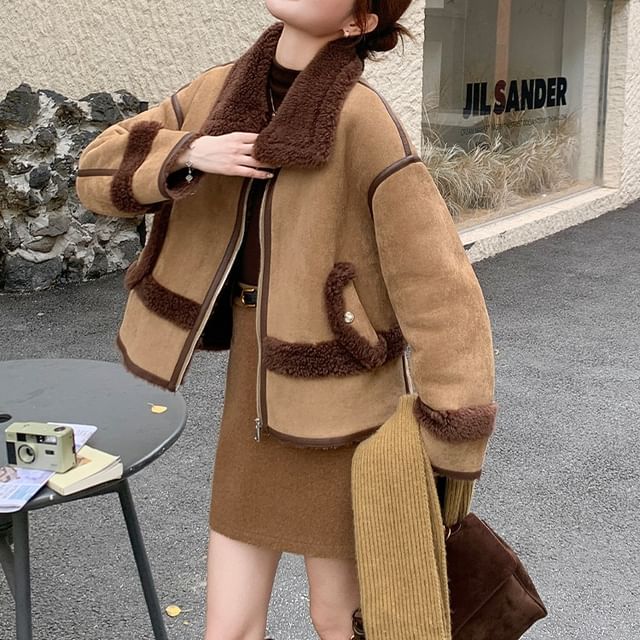 Tzarkozy-Plain Fluffy Trim Faux Suede Zip Jacket