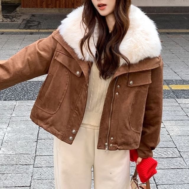 Tzarkozy-Plain Fluffy Trim Zip Jacket