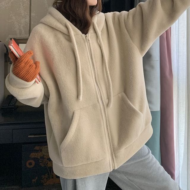 Tzarkozy-Plain Hooded Drawstring Fleece Zip Jacket