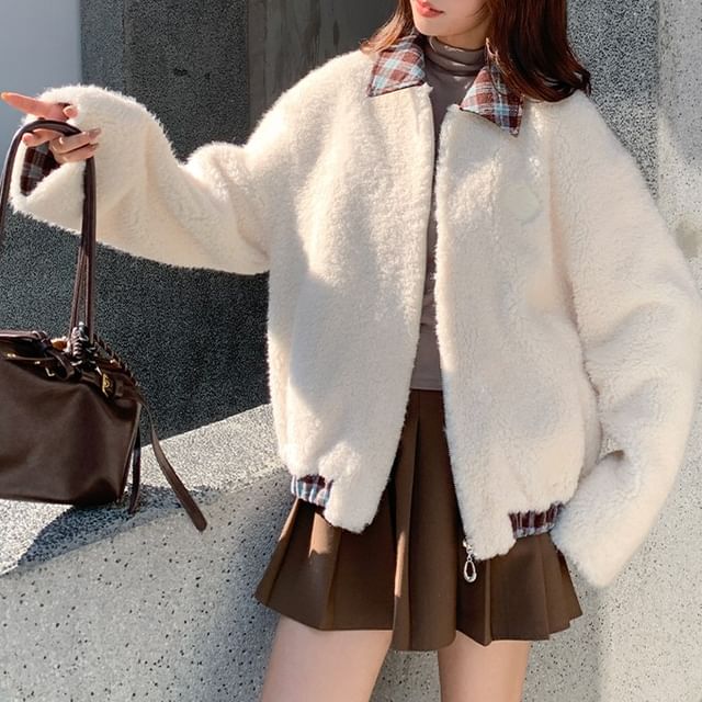 Tzarkozy-Plain Plaid Panel Faux Shearling Zip Jacket
