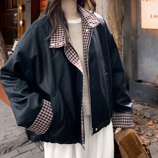 Tzarkozy-Plain Plaid Panel Zip Jacket