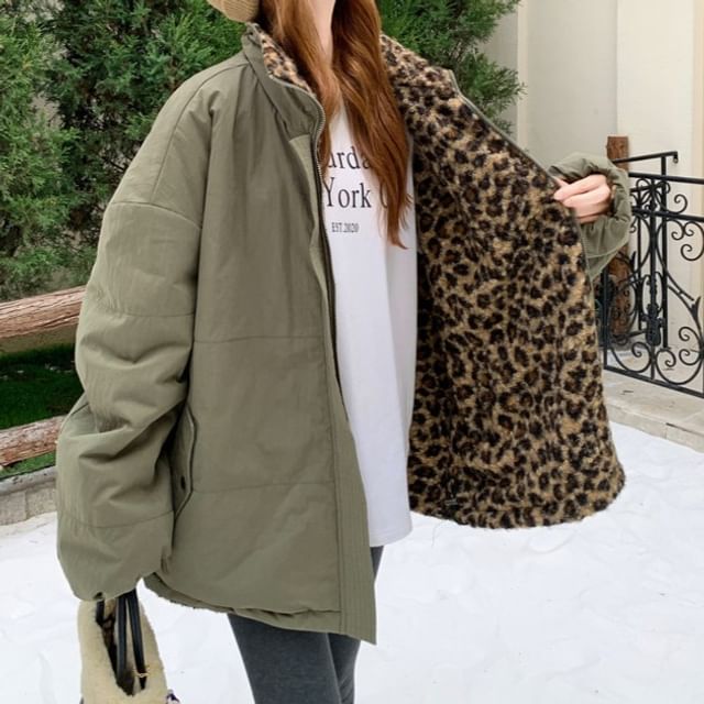 Tzarkozy-Reversible Stand Collar Leopard Print Fleece-Lined Zip-Up Padded Coat
