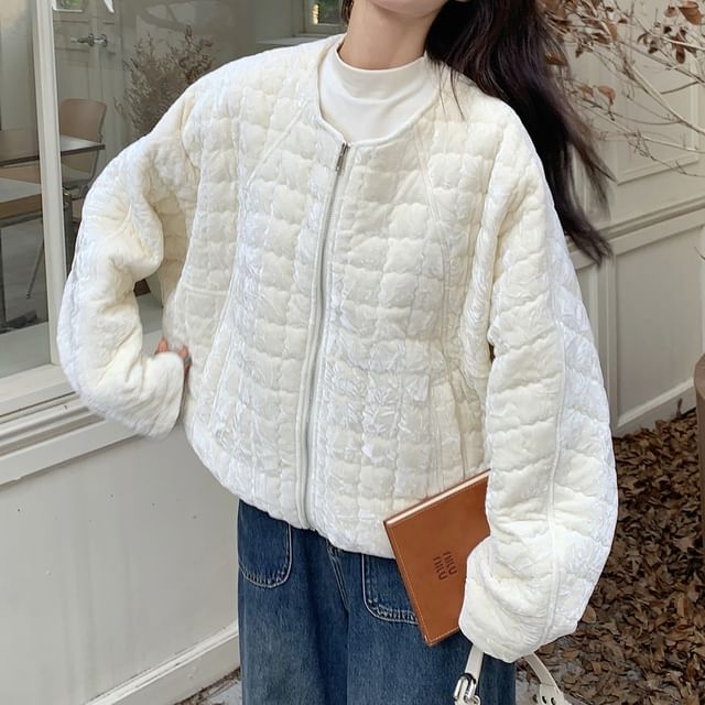 Tzarkozy-Round Neck Plain Quilted Zip Jacket