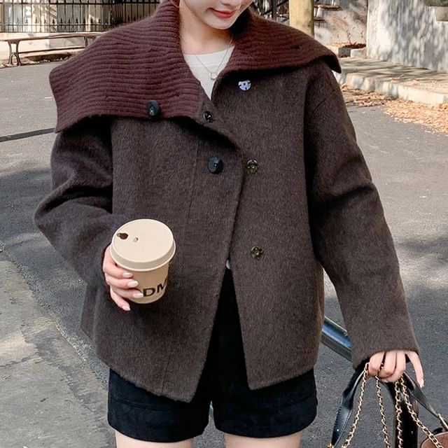 Tzarkozy-Scarf Neck Knit Panel Button-Up Jacket