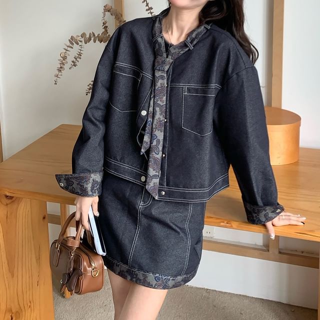 Tzarkozy-Set Contrast Stitching Denim Single-Breasted Jacket High Waist Mini A-Line Skirt