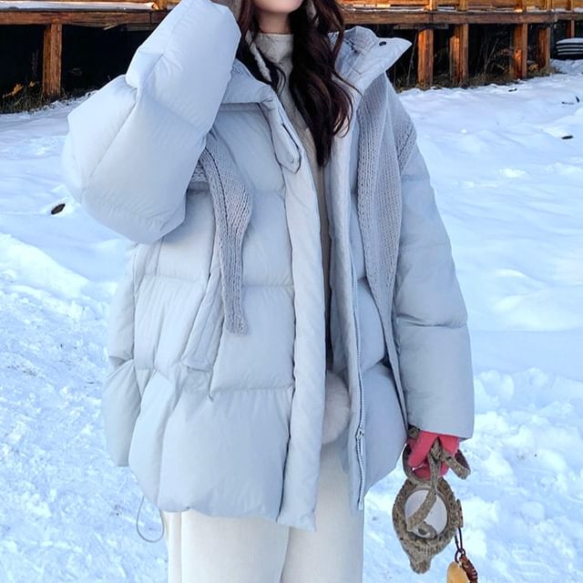 Tzarkozy-Set Hooded Zip-Up Plain Down Jacket Knit Shawl
