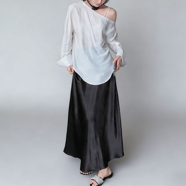 Tzarkozy-Set Long-Sleeve Cold-Shoulder Plain Asymmetrical Blouse High Waist Maxi A-Line Skirt