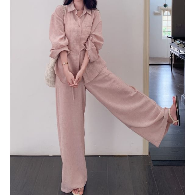 Tzarkozy-Set Long-Sleeve Collared Button Up Shirt Drawstring Waist Plain Wide Leg Pants