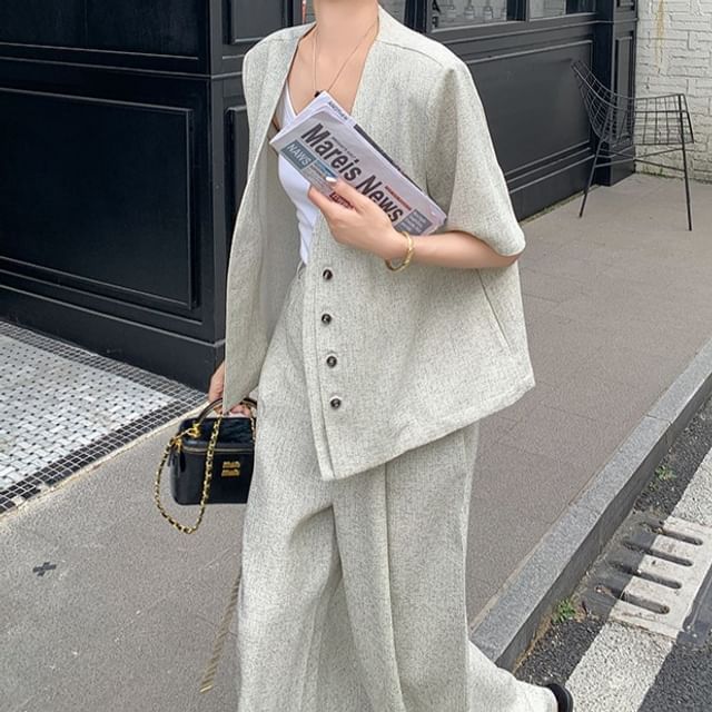 Tzarkozy-Set Melange Button-Up Jacket High Waist Wide Leg Pants
