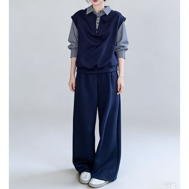 Tzarkozy-Set Mock Two-Piece Collared Striped Panel Sweatshirt High Waist Plain Wide Leg Sweatpants