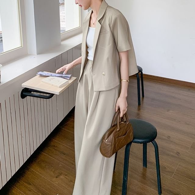 Tzarkozy-Set Plain Double-Breasted Blazer High Rise Wide Leg Pants