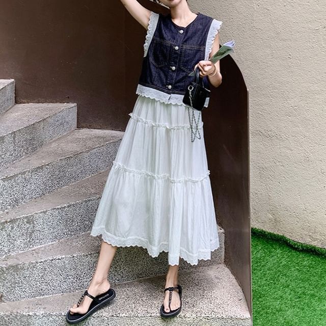 Tzarkozy-Set Round Neck Denim Button Up Vest Spaghetti Strap V-Neck Plain Ruffle Trim Maxi A-Line Dress