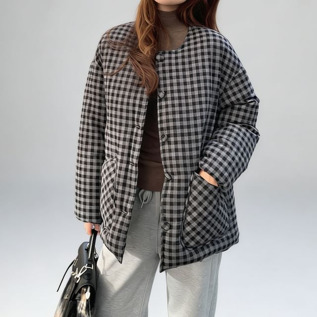 Tzarkozy-Set Round Neck Plaid Button Puffer Jacket Scarf