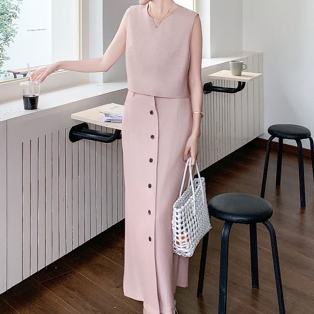 Tzarkozy-Set Sleeveless Plain Top High Rise Button-Up Midi Pencil Skirt