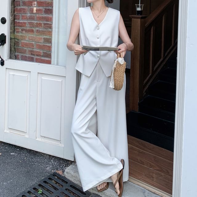Tzarkozy-Set Sleeveless V-Neck Plain Button Up Vest Mid Rise Plain Wide Leg Pants