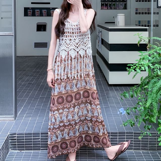 Tzarkozy - Set: Spaghetti Strap Scoop Neck Patterned Maxi A-Line Dress +  Crochet Camisole Top | YesStyle