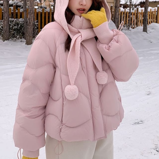 Tzarkozy-Set Stand Collar Zip-Up Plain Down Jacket Pom Pom Hooded Cable Knit Shawl