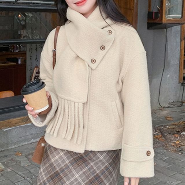 Tzarkozy-Set V-Neck Button-Up Plain Jacket Fringed Scarf
