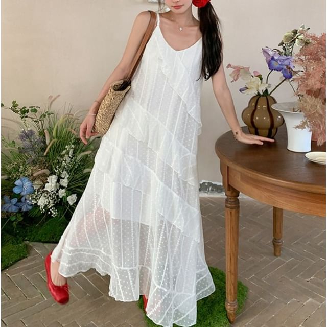 Tzarkozy-Spaghetti Strap V-Neck Dotted Ruffle Lace Trim Asymmetrical Maxi Sundress