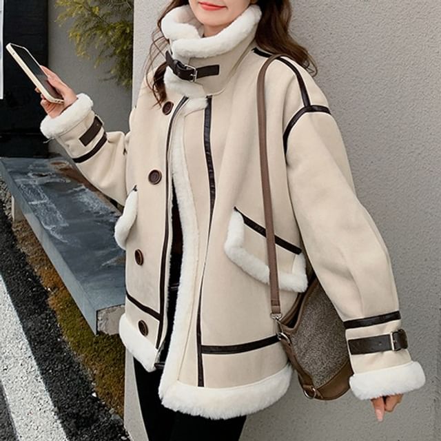 Tzarkozy-Stand Collar Buckled Fleece-Lined Toggle Aviator Jacket