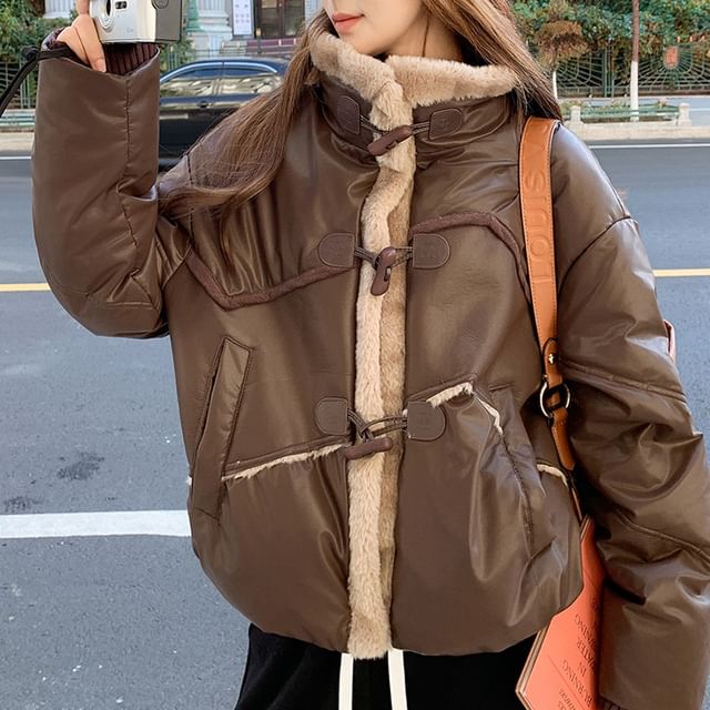 Tzarkozy-Stand Collar Faux Leather Puffer Jacket