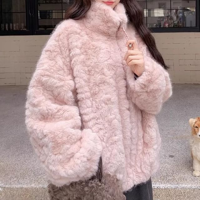 Tzarkozy-Stand Collar Fluffy Zip-Up Plain Jacket