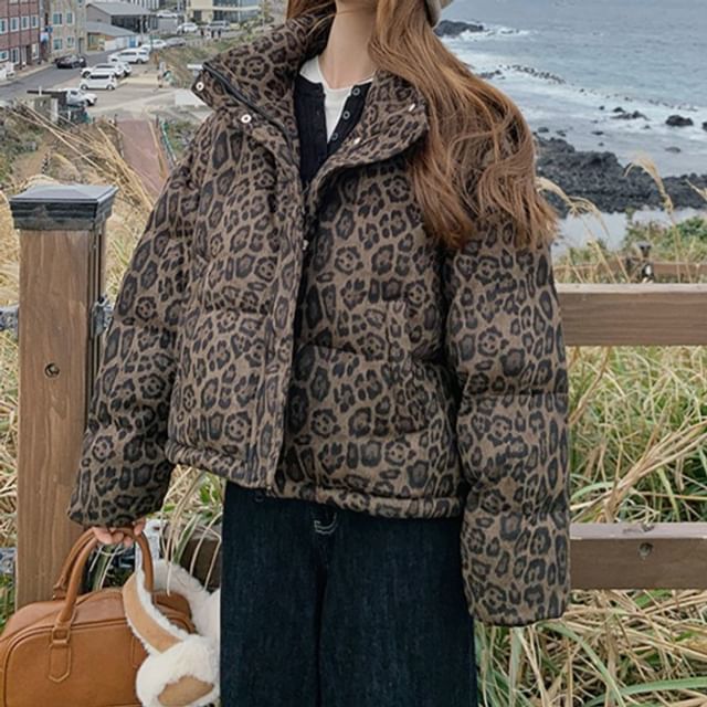 Tzarkozy-Stand Collar Leopard Print Hooded Zip Puffer Jacket