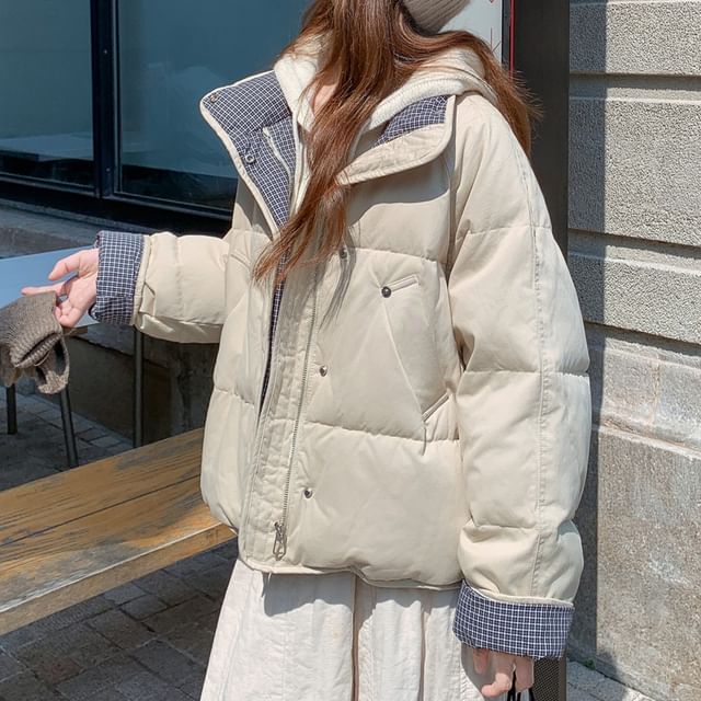 Tzarkozy-Stand Collar Plaid Panel Padded Zip Jacket