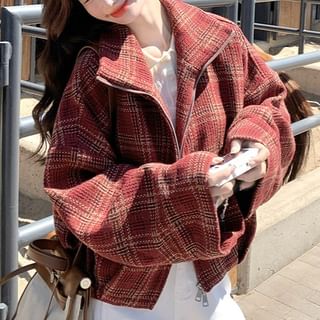Tzarkozy-Stand Collar Plaid Zip Jacket